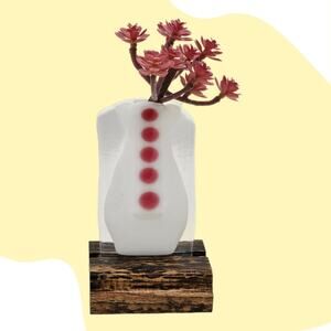 Fused Glass Miniature Bud Vase on Wooden Stand - Adorable Button Design
